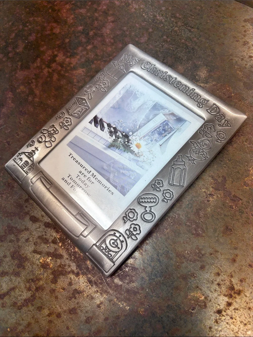My Christening Day Silver Plate Photo Frame. Embossed Details & Customizable 4x6